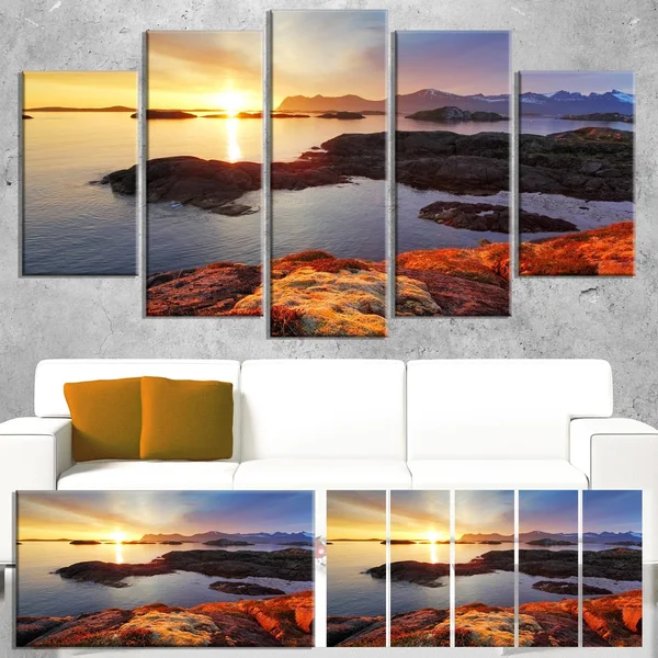 Designart PT14793-60-28 Ocean Coast Nice Sunset in Norway Canvas Artwork Print, 60X28x22