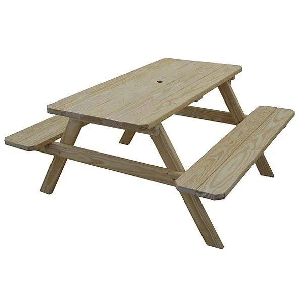 Yellow Pine Picnic Table with Attached Benches 5ft, Tractor Red Paint, Without Umbrella Hole