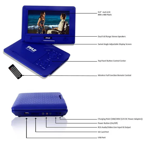 Pyle 9x22 Portable CD/DVD Player, Built-In battery, Usb/sd Card Memory Readers (Blue), 10.0 x 7.3 x 8.3