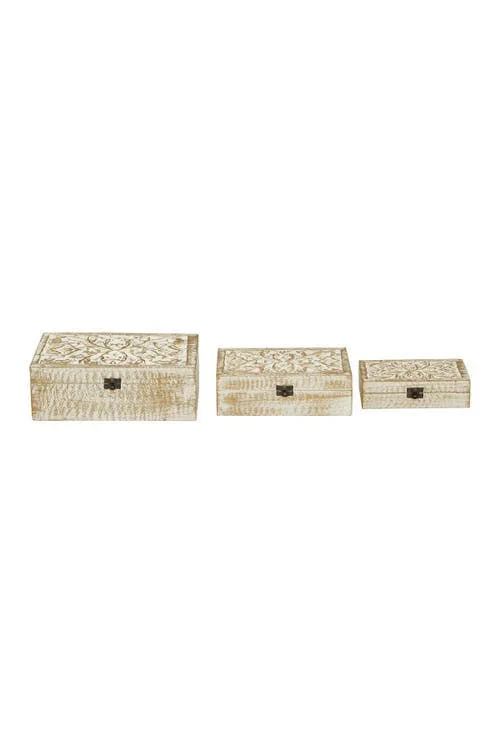 Zimlay Natural Carved Wooden Set of 3 Filigree Boxes 96093