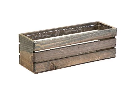 Wood Planter Box with Wine Crate Styled - 12x4 inch Rectangular, Rustic Barn Wood, Plastic Liner, Garden Centerpiece Display, Wed