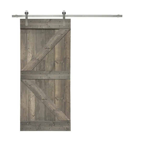 CALHOME K Series 30 in. x 84 in. Solid Weather Gray Stained Knotty Pine Wood Interior Sliding Barn Door with Hardware Kit