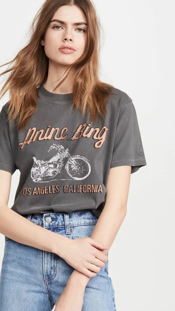 Anine Bing Lili T-Shirt Motorcycle in Charcoal, Medium