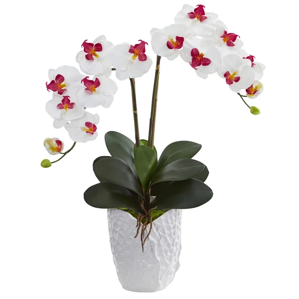 Nearly Natural Double Phalaenopsis Orchid Artificial Arrangement in White Vase