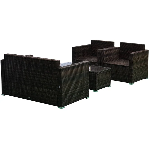 Outsunny 4-Piece Cushioned Patio Furniture Set, with 2 Chairs, Sectional, and Glass Coffee Table, Rattan Wicker, Brown