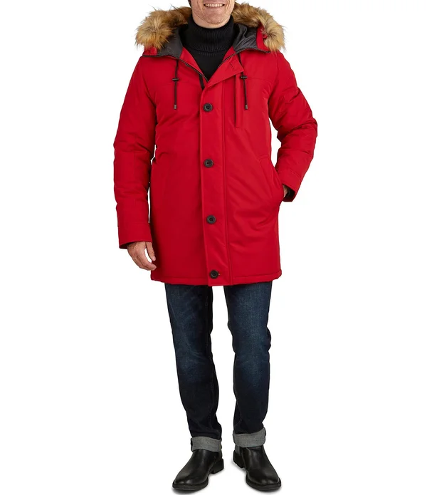 Guess Faux-Fur-Trimmed Hooded Heavyweight Parka - Mens, M, Red