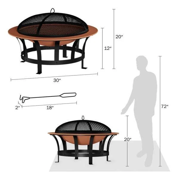 Pure Garden 30 in. W x 20 in. H Round Steel Wood Burning Outdoor Deep Fire Pit in Copper/Black with Grilling Grate, Multi-Colore