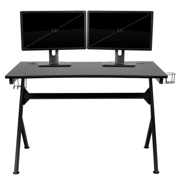 Flash Furniture Black Gaming Desk and Black Footrest Reclining Gaming Chair Set with Cup Holder - Headphone Hook & 2 Wire Man