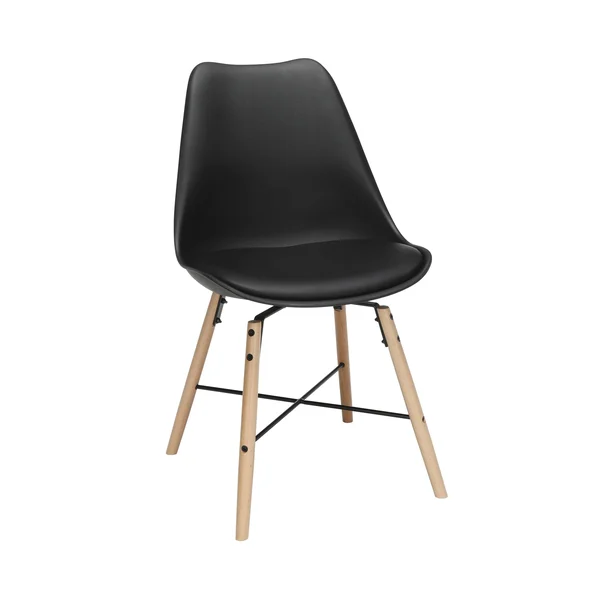 Ofm Mid Century Modern 4 Plastic Molded Dining Chairs, Vinyl CUSHION, Wood Legs, Black