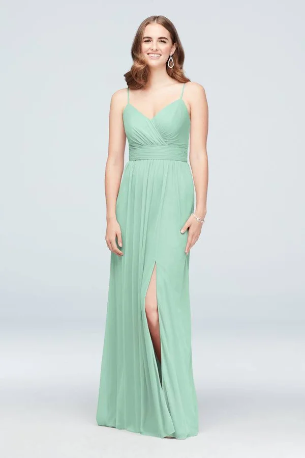Spaghetti Strap Ruched Waist Mesh Bridesmaid Dress - Dusty Sage, 18