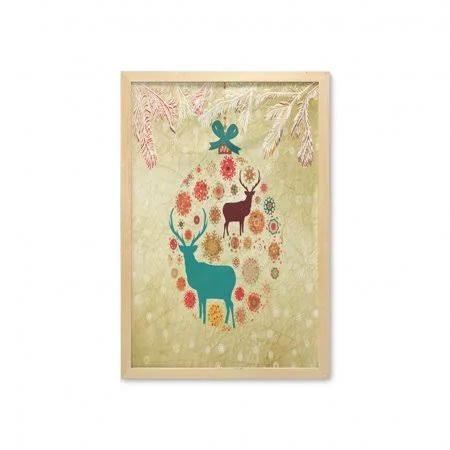 Christmas Wall Art with Frame, Reindeer and Snowflakes in Abstract Balls Ornament Vintage Design Paper Art Image, Printed Fabric