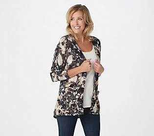 Isaac Mizrahi Live! Floral Printed V-Neck Cardigan, Size Small, Neutral