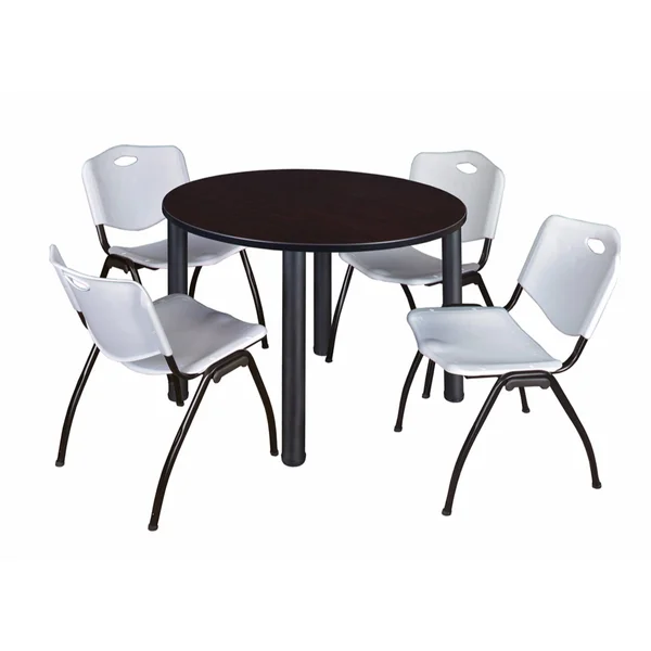 Regency TB48RNDMWBPBK47BK 48 in. Kee Round Breakroom Table - Mocha Walnut & Black & 4 M Stack Chairs - Black