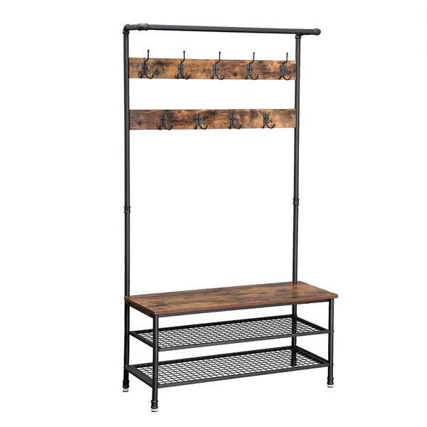 Benjara Metal Coat Rack with Wooden Bench and Two Wire Meshed Shelves - Brown and Black