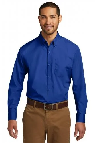 12 Custom Port Authority W100 Long Sleeve Carefree Poplin Shirt - True Royal Blue - XLT