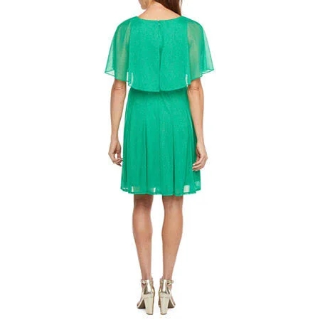 J Taylor Short Sleeve Cape Fit & Flare Dress, Glitter, 4, Green