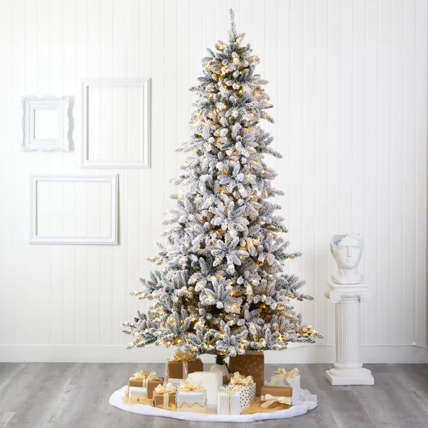 Nearly Natural 9ft. Flocked Livingston Fir Artificial Christmas Tree with Pine Cones and 650 Clear Warm LED Lights