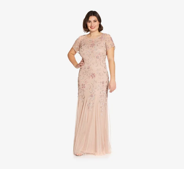 Adrianna Papell Hand Beaded Short Sleeve Floral Godet Gown - Blush, Size: 20