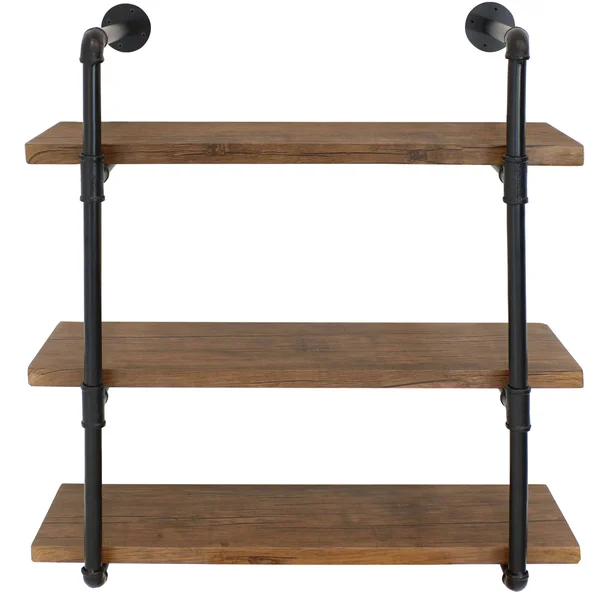 Sunnydaze Industrial Style 3-Tier Wall Bookshelf - Black Pipe Frame - Teak