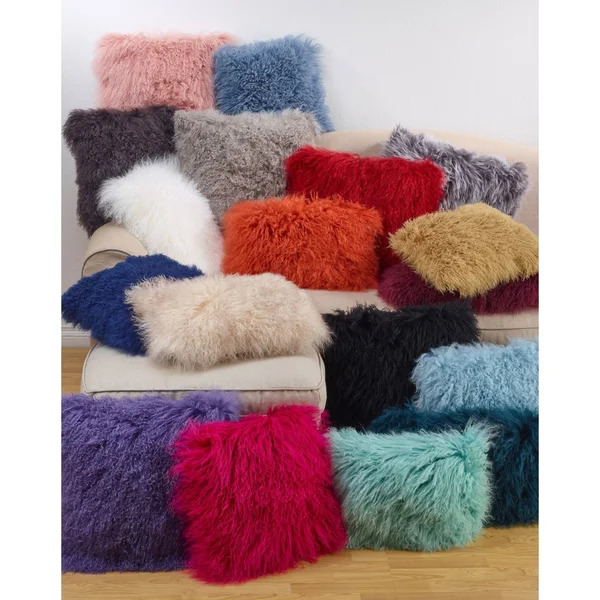 SARO LIFESTYLE 3564.R20S Mongolian Lamb Fur Down Filled Throw Pillow, Red, 20x22 x 20x22