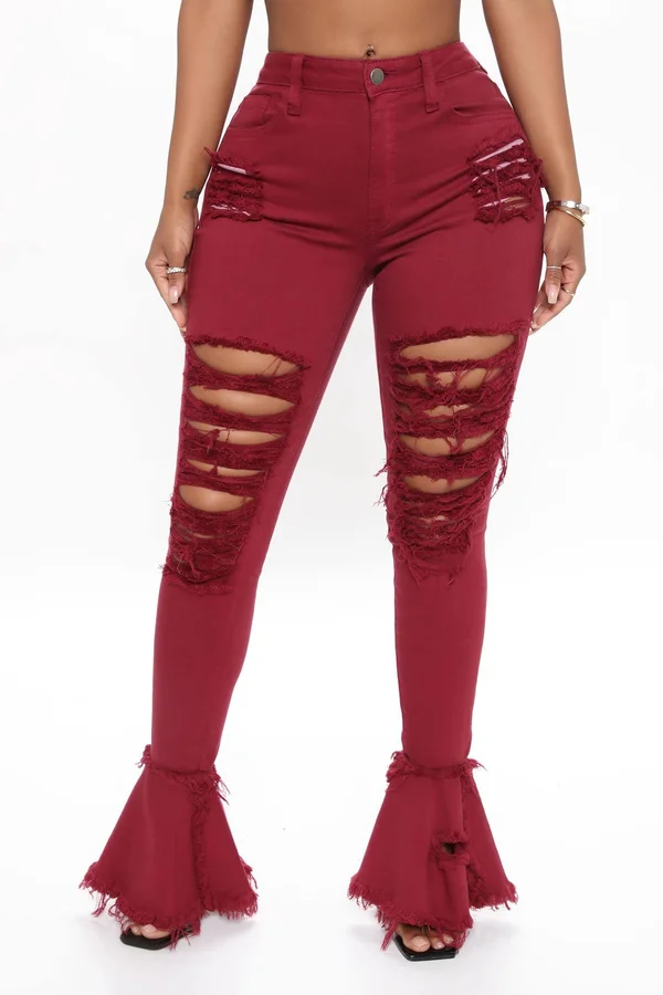 Womens Fray What You Mean Flare Leg Jeans in Burgundy Size 13 by Fashion Nova