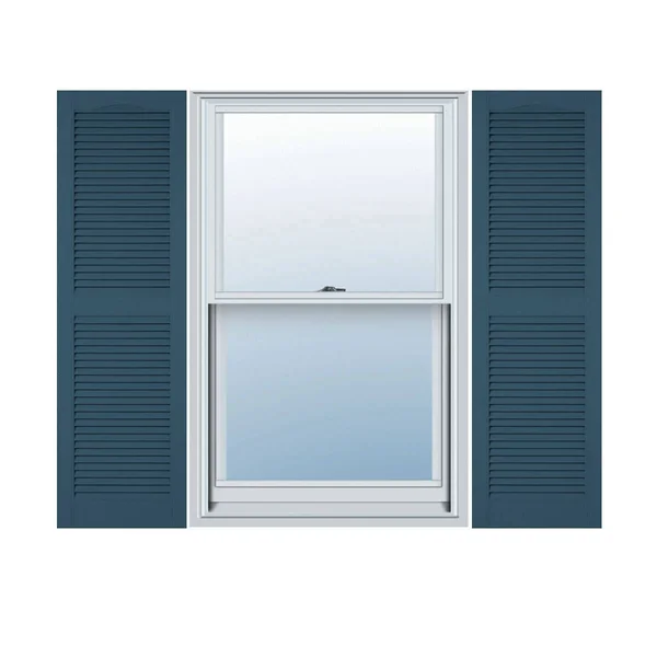 14 1/2x22W x 32x22H Lifetime Vinyl, Custom Straight Top Center Mullion, Open Louver Shutters, w/Shutter-Loks (Per Pair), Classic