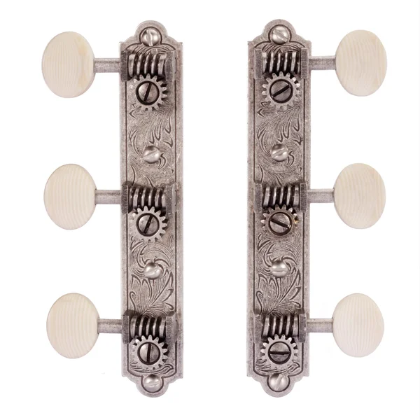 Golden Age Restoration Tuners for Solid Peghead Guitar with Engraved Bell-end, Relic Nickel, Ivoroid Knob from StewMac. Golden A