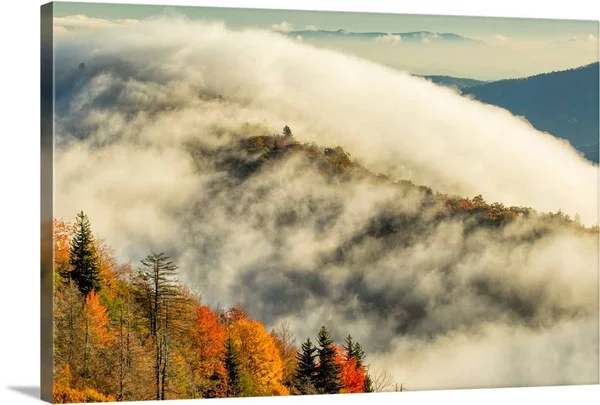 Autumn Colors and Mist at Sunrise, Blue Ridge Mountains at Sunrise, North Carolina, Canvas Wall Art, 36x24, Great Big Canvas
