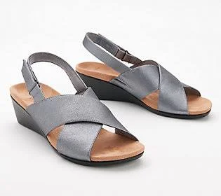 Vionic Back-Strap Wedge Sandals- McKennaMetallic, Size 6 Wide, Pewter