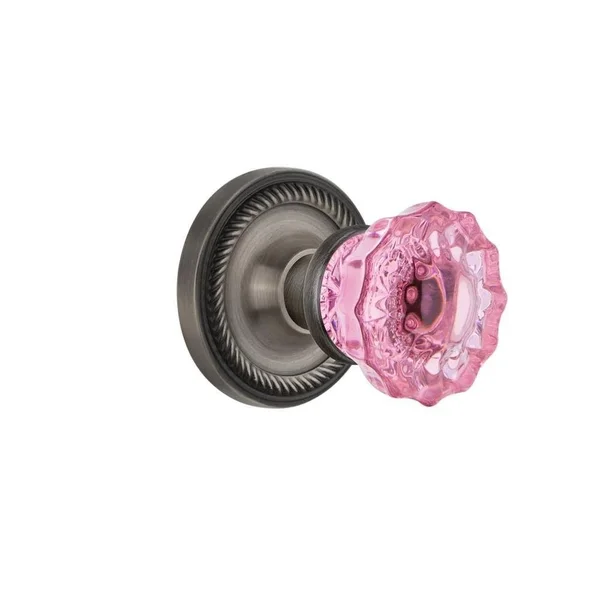 Nostalgic Warehouse Rope Rosette Single Dummy Crystal Pink Glass Door Knob in Antique Pewter
