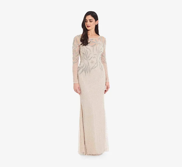 Adrianna Papell Floral Beaded Dress with Sheer Long Sleeves, Biscotti, Size: 20