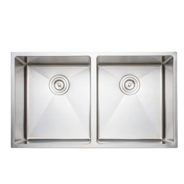 Wells Sinkware Handcrafted 33-inch 16-Gauge Undermount 50-50 Double Bowl Stainless Steel Kitchen Sink Package