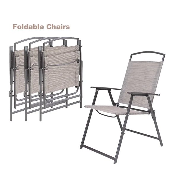 6 Pcs Patio Dinning Set with 4 Folding Chairs - Glass Table and Tan Umbrella Without Base - Brown - 6-Piece Sets