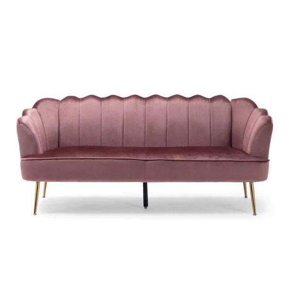 Noble House Thelen Velvet Channel Stitch 3 Seater Shell Sofa, Blush Pink and Gold