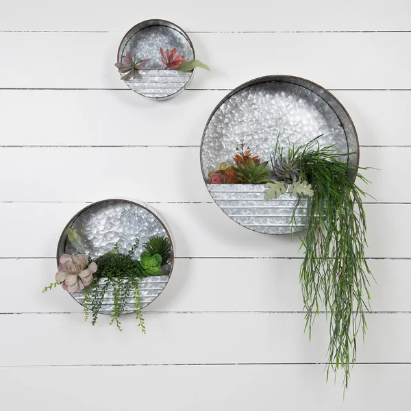 Galvanized Metal Round Hanging Wall Pocket Bins - Set of 3, 16 x 16 x 5