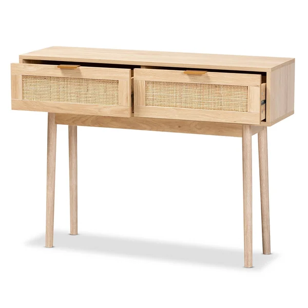 Baxton Studio Baird Mid-Century Modern Finished Wood and Rattan 2-Drawer Console Table Light Oak Brown