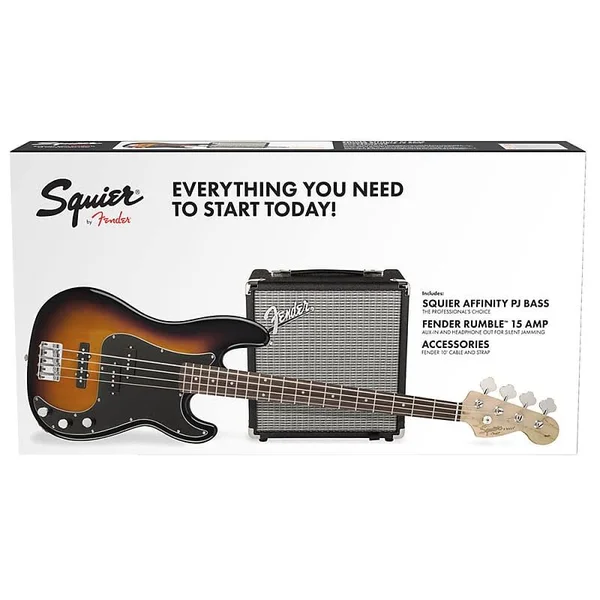 Squier 030-1972-032 Affinity Series Precision Bass PJ Pack with Rumble 15 Combo, Indian Laurel Fretboard Brown Sunburst