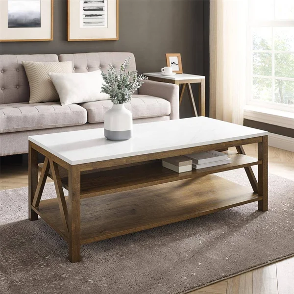 Welwick Designs 48 in. Faux White Marble/Natural Walnut Large Rectangle Wood Coffee Table with Shelf