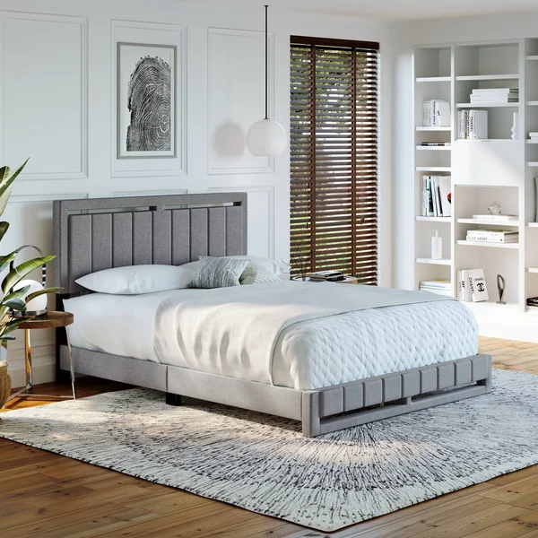King Sloan Vertical Stitched Upholstered Platform Bed Gray Linen - Eco Dream