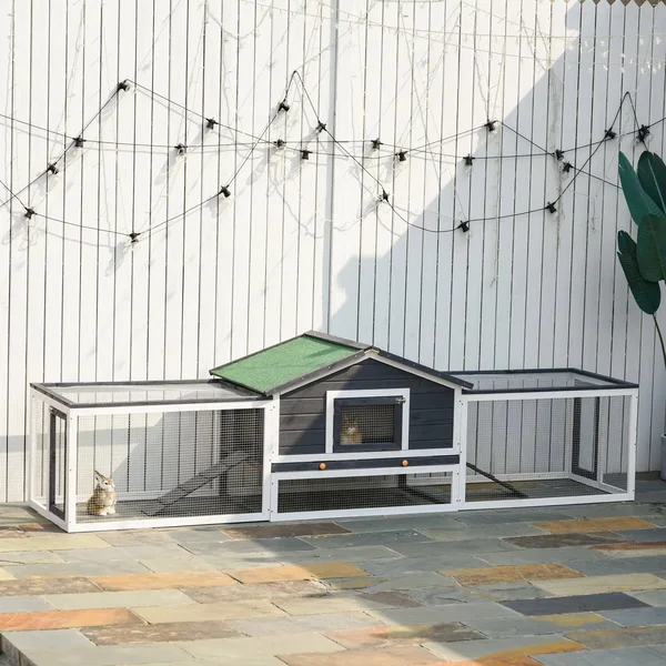 PawHut 2-Story Large Wooden Rabbit Hutch Pet House with Ramps - Lockable Doors, Run Area and Asphalt Roof for Outdoor Use