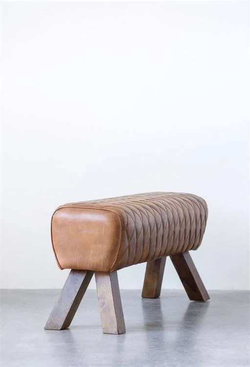 3R Studios Brown Stitched Leather & Wood Bench