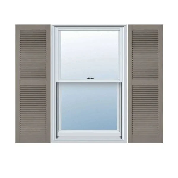 12 inchw x 28 inchh Lifetime Vinyl, Custom Straight Top Center Mullion, Open Louver Shutters, Clay