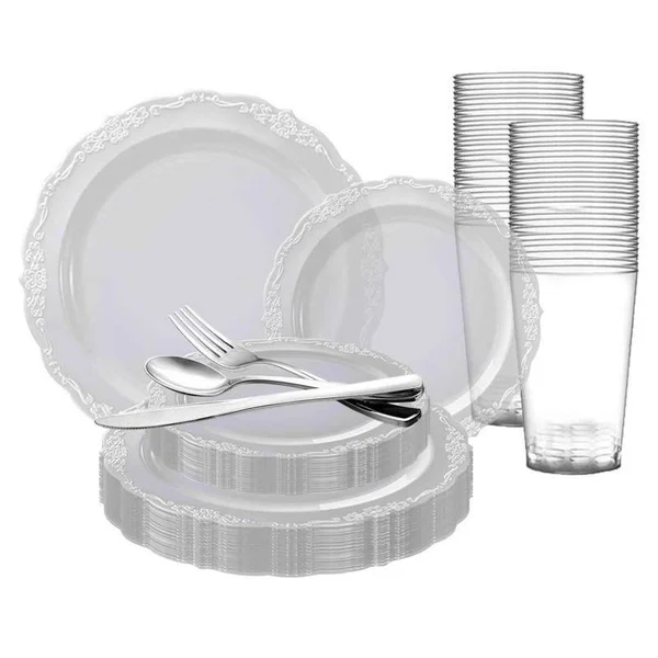 20 Settings, Clear Vintage Round Disposable Plastic Wedding Value Set