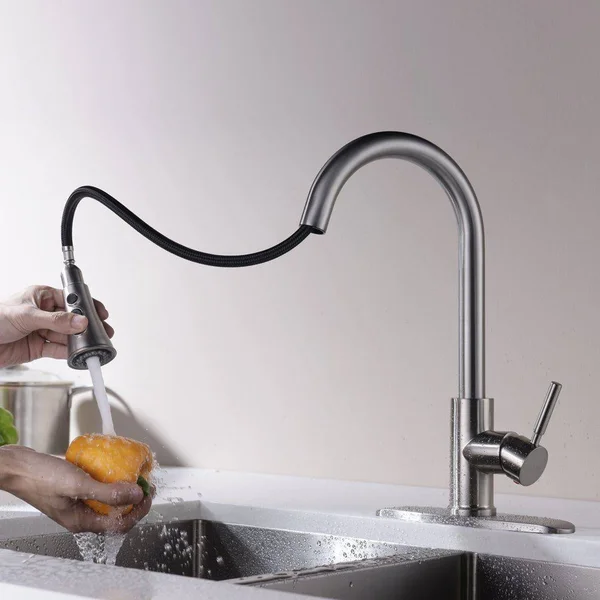 Kitchen Faucets with Pull Down Sprayer - Kablle Commercial Single Handle Brushed Nickel Kitchen Faucet, Single Level High Arch P