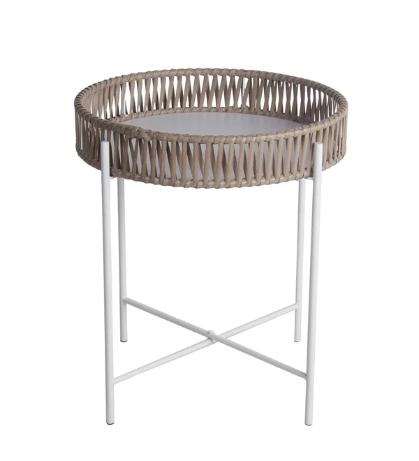 Metal Accent Table with Round Top and Woven Edges, Small, White and Brown