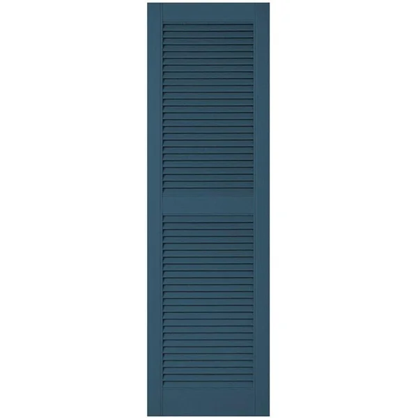 12 inchw x 69 inchh Lifetime Vinyl, Custom Straight Top Center Mullion, Open Louver Shutters, Classic Blue