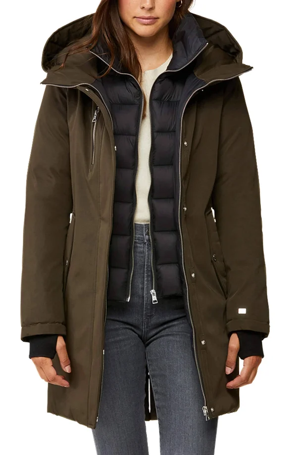 Soiau0026Kyo Belina Mid-Length Classic Down Coat with Puffy Bib - L - Army
