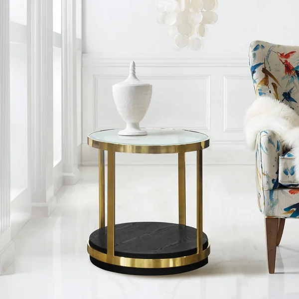 Armen Living Hattie Glass Top End Table with Brushed Gold Legs
