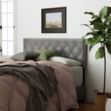 Rest Haven Contemporary Tufted Faux Leather Headboard, Queen, Gray