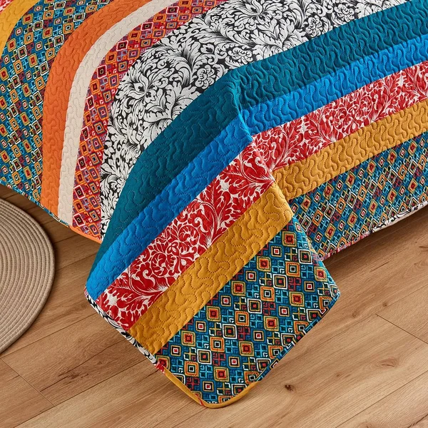 Boho Stripe Quilt Reversible 3 Piece Bohemian Design Bedding Set - Turquoise - King